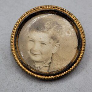 Antique Brass Pinback Photo Brooch Boy Portrait Beaded Edge